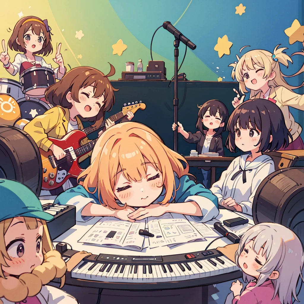 Cute girls lying down with their heads in the center in anime quality, 5Idol girls, band, guitar, drums, keyboard, Sleeping in a circle, Radial, Jacket illustration, arious pose, Kyoto Animation,