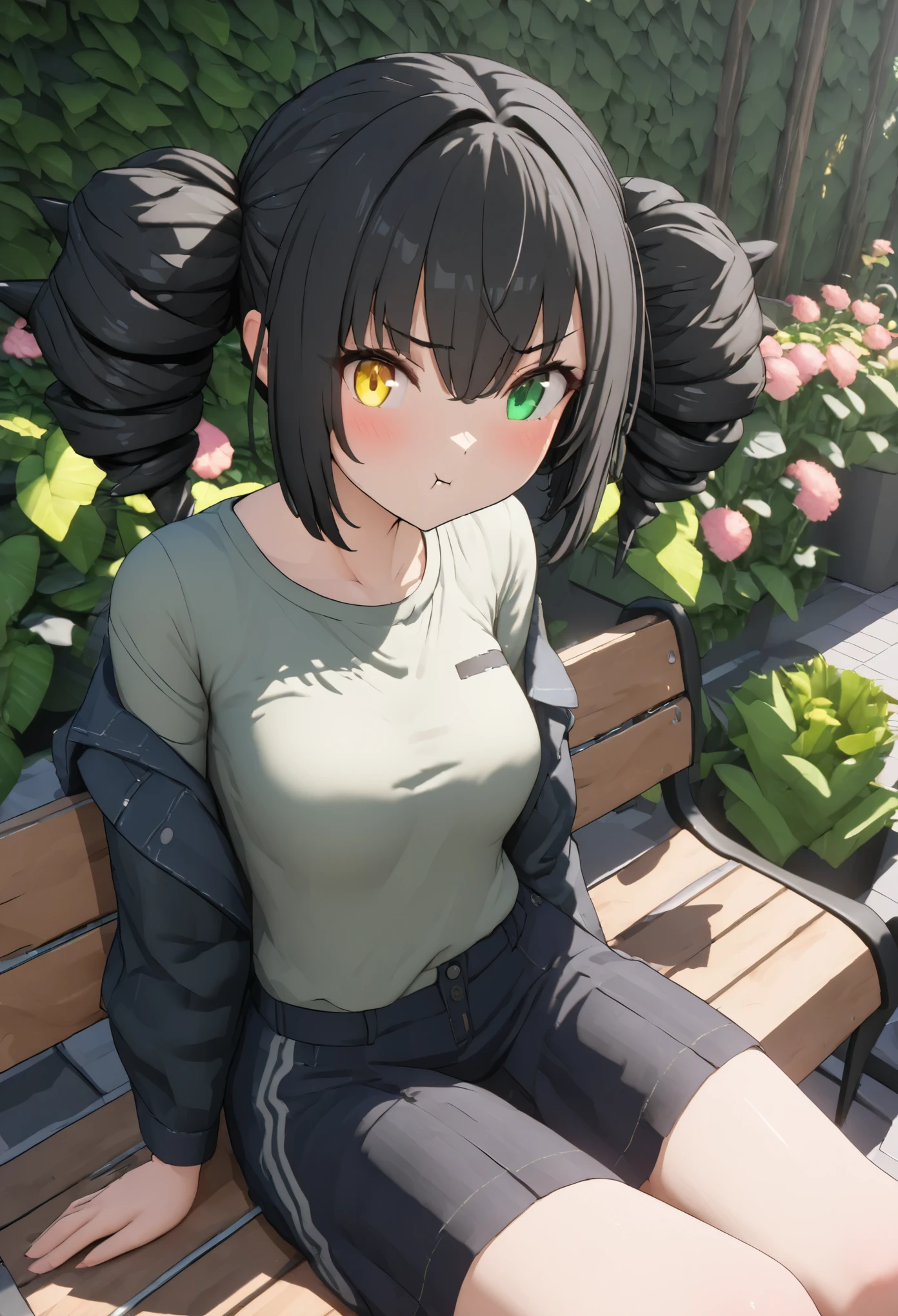 (((best quality ultra-detailed,unity 8k))),1 girl,pout,Shiny Hair,(((twin drill:1.3))),medium hair,(heterochromia green eye yellow eye),Black Hair,Sit on a bench,garden,medium breasts:1.5,Casual attire,