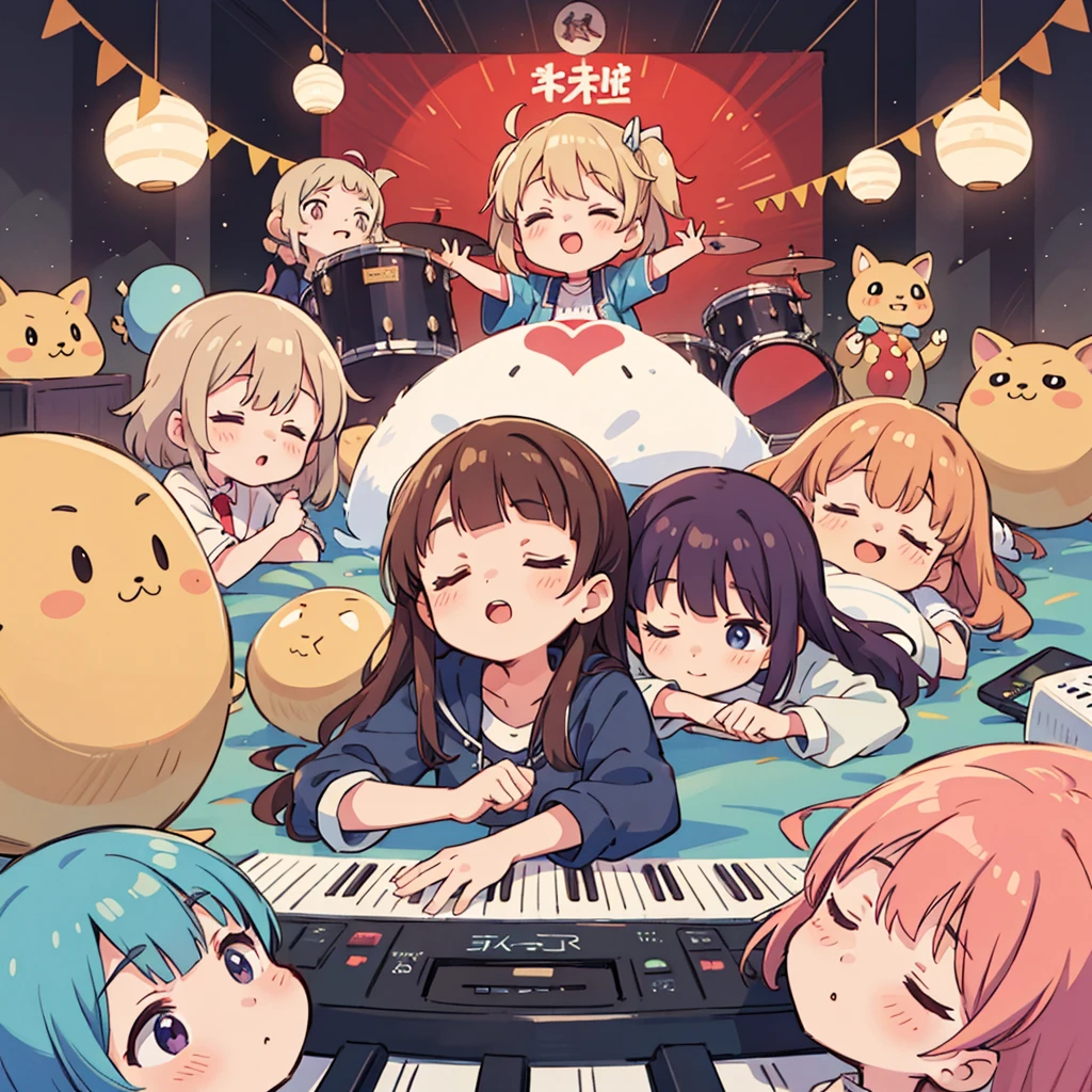 Cute girls lying down with their heads in the center in anime quality, 5Idol girls, band, guitar, drums, keyboard, Sleeping in a circle, Radial, Jacket illustration, arious pose, Kyoto Animation,