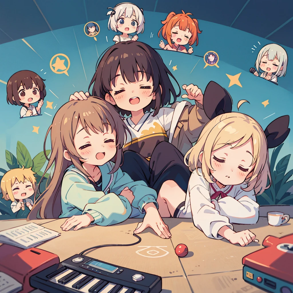 Cute girls lying down with their heads in the center in anime quality, 5Idol girls, band, guitar, drums, keyboard, Sleeping in a circle, Radial, Jacket illustration, arious pose, Kyoto Animation,
