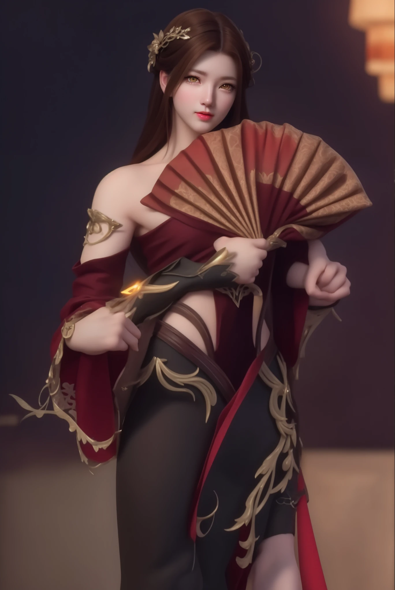 (hyperrealistic), (illustration), (high resolution), (8K), (extremely detailed), (best illustration), (beautiful detailed eyes), (best quality), (ultra-detailed), (masterpiece), (wallpaper), (photorealistic), (natural light), (rim lighting), (detailed face), (high detailed realistic skin texture), (anatomically correct), (solo), (1 girl), (high detailed realistic hair), (caramel hair:1.35), (heterochromic eyes), (detailed eyes), (light yellow eyes:1.37), (sparkling eyes), (realistic big breasts:1.5), (exposed nipples breasts:1.35), (long legs), (slender abs), (dynamic pose), (closed tiny mouth:1.3), (nsfw), (concentrated expression), (topless),