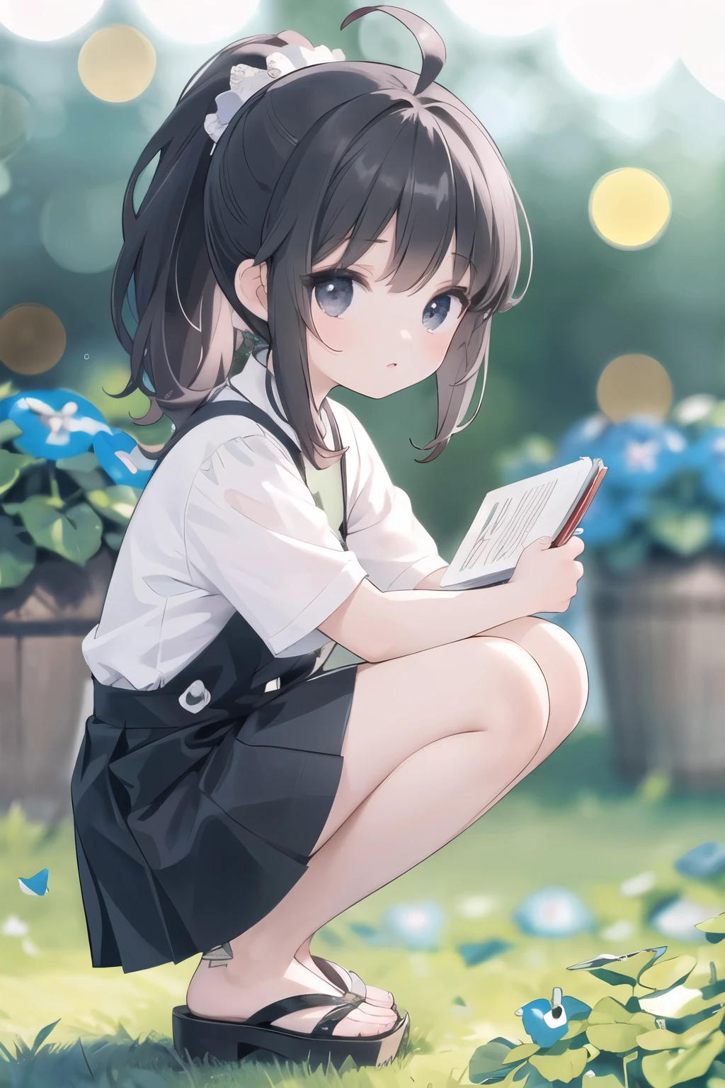 masterpiece, ultra high res, photorealistic, 8k, RAW photo, best quality, detailed shadow, best quality, amazing, finely detail, official art, absurdres, soft lighting, sharp focus, (bokeh:1.5), light from the front, bloom, cinematic lighting, light on face, Volumetric lighting, extremely delicate and beautiful, amazing,masterpiece, (Depth of field:1.2),
BREAK
1 cute girl, 5 years old, whole body, from_side, squatting, bangs, ponytail, black hair, ahoge, serious, closed_mouth, black eyes, short_sleeves, wearing white shirt, wearing black skirt, sandals, white_background, simple_background,
BREAK
morning glory, (in front of potted morning glory:1.5), (writing in a notebook:1.3)
