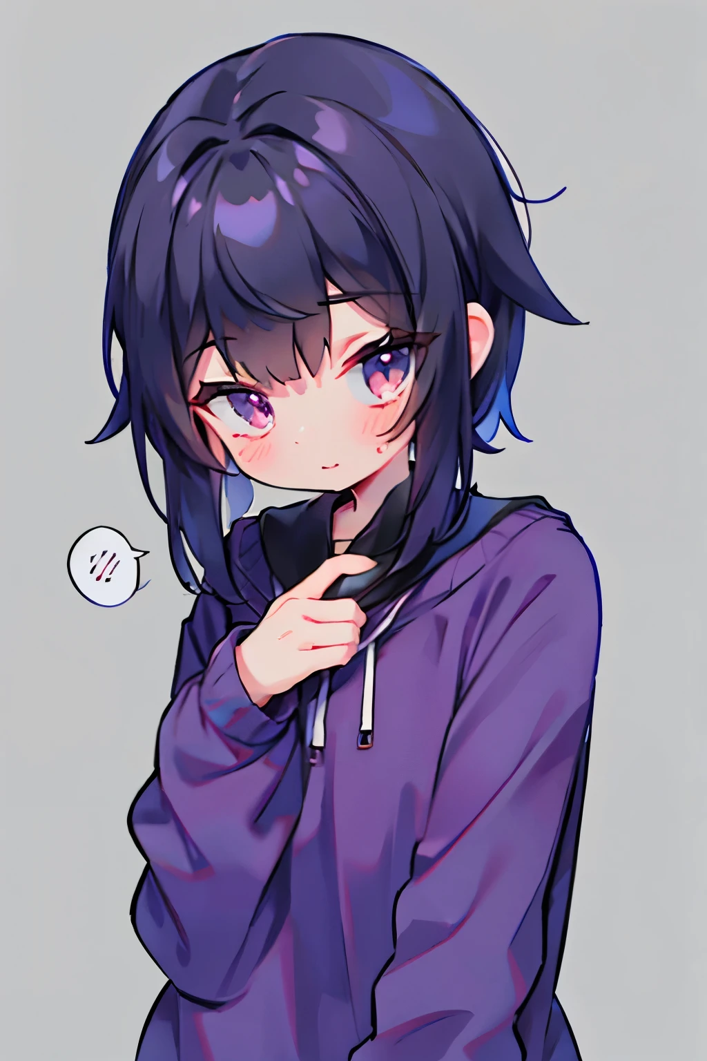  black hair, purple clothes
