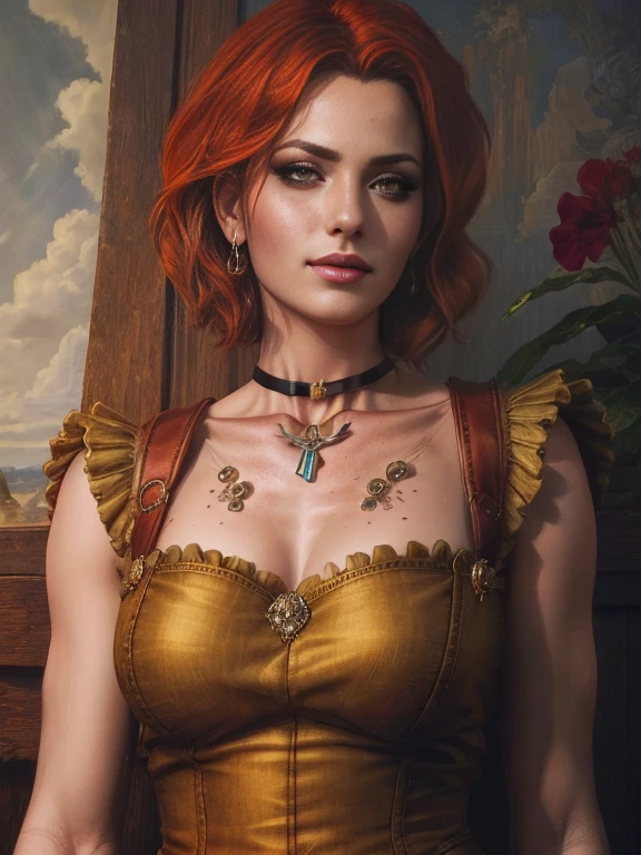 (masterpiece, top quality, best quality, official art, detailed:1.2), shaniW3, 1girl, solo, short hair, jewelry, green eyes, choker, necklace, lips, freckles, realistic, red hair   