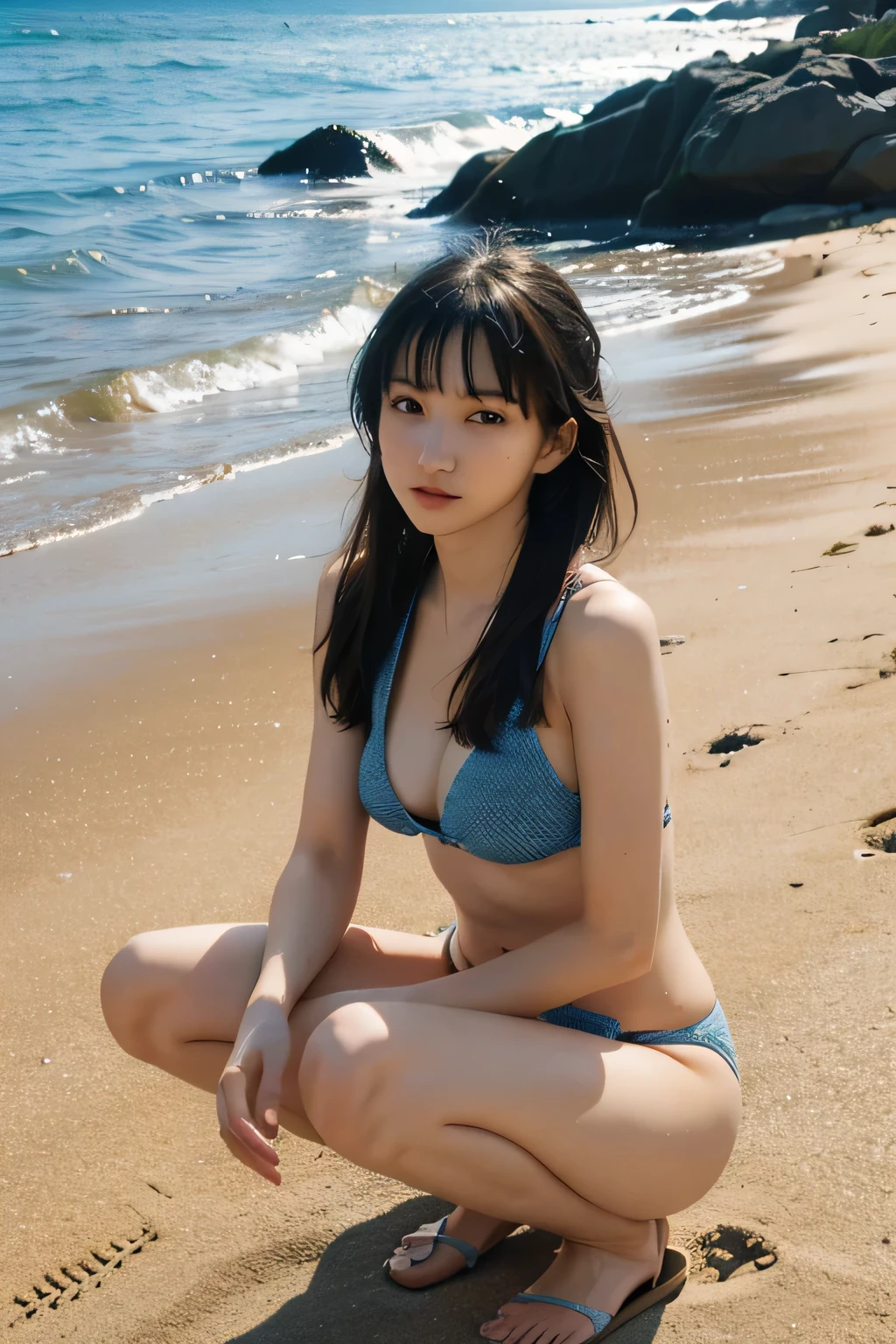 high resolution, Detailed Images, Young Girl, slender girl, Bikini Swimwear, Beach, Squat with your legs apart,