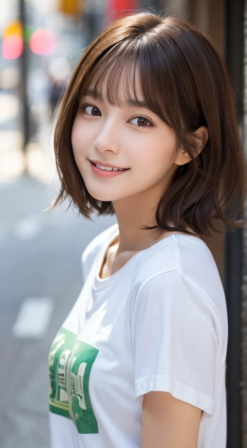 (highest quality,8K quality,masterpiece:1.3,),(超A high resolution:1.3,Photorealistic:1.4,Raw photo:1.2),(Ultra-detailed:1.2,Glowing Skin,Detailed skin:1.1),(Detailed face,Perfect Anatomy,Caustics:1.2), (Symmetrical eyes:1.3),1 girl,cute,Japanese,22 years old,Japanese Ido,Natural brown hair,Short hair curled outwards,cute目,Natural Makeup,Oversized T-shirt,Laughter,Looking at the camera,On the face,Face Focus,Street Corner,Professional Writing,Natural soft light,