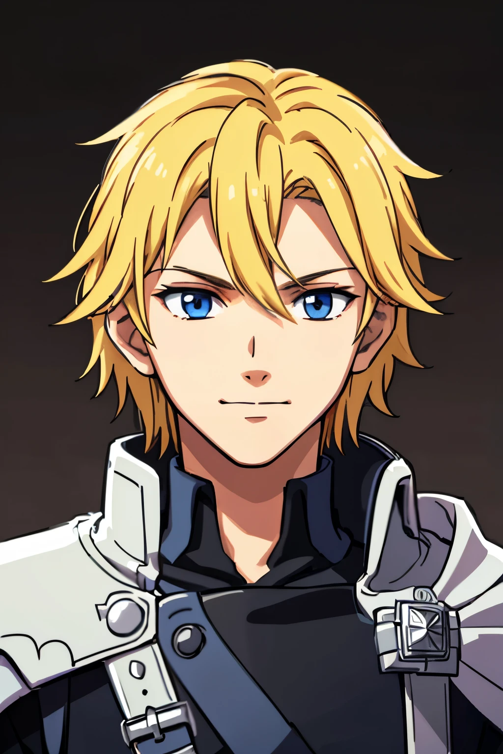 (high-quality, breathtaking),(expressive eyes, perfect face) 1boy, male, solo, portrait, young adult, age 18, Fire Emblem Awakening, Symmetrical Eyes, Fire Emblem, golden blonde hair color, short hair length, messy wavy hair, upper body, blue eyes, positive expression, charming smile, detailed eyes, blonde brown hair, narrow eyes, kind expression, benevolent prince, grey background, detailed eyes, black armor, pink trim, cape, Fire Awakening Art Style, cape over arm
