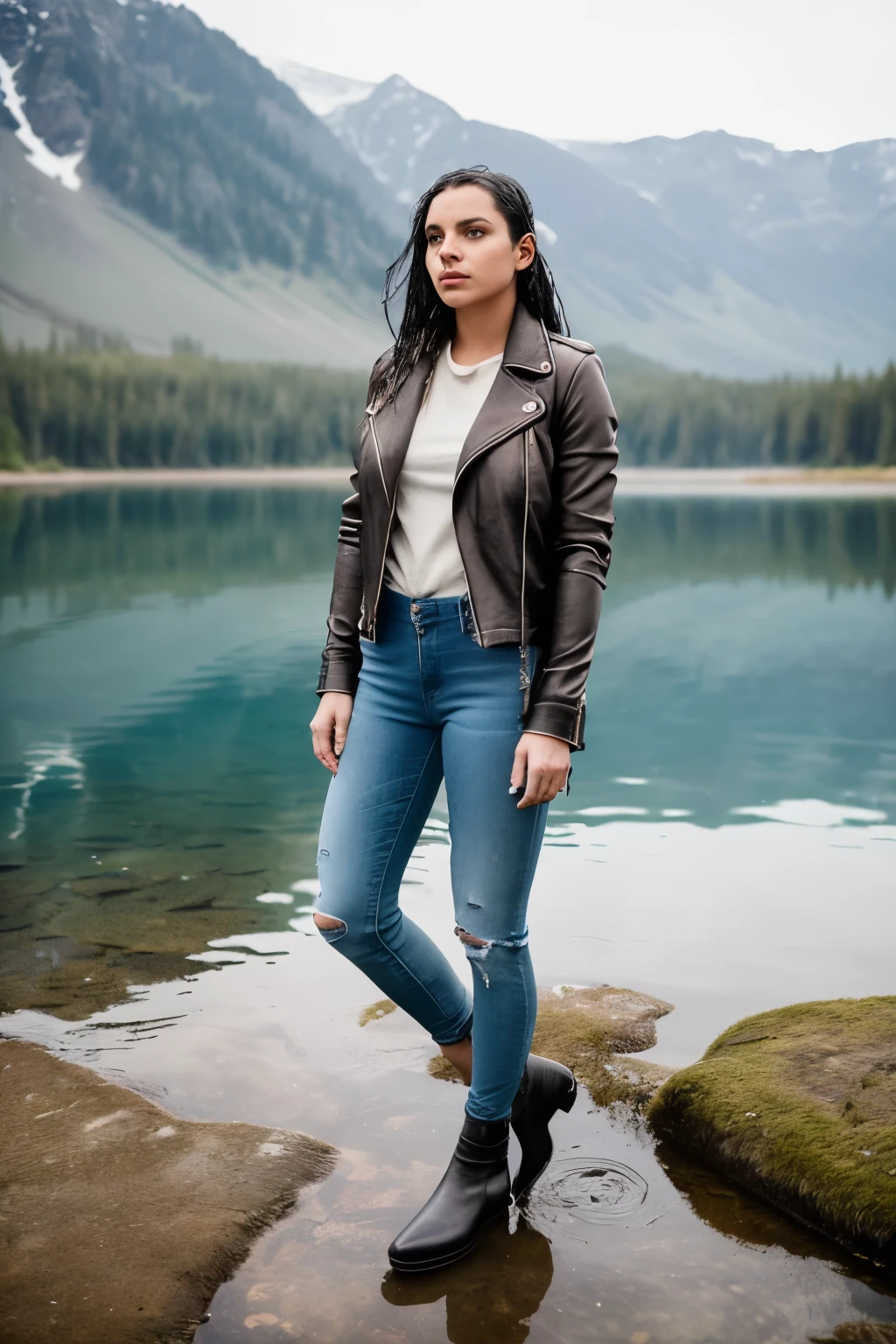 Arafed woman in a lake, clad in a leather jacket and jeans, stands solemnly in the water. The leather jacket, worn with a distressed yet fashionable air, contrasts sharply with the serene setting of the lake. Her denim jeans, similarly wet and clinging to her figure, add to the overall aesthetic. Inspired by the enigmatic allure of Elsa Bleda, she gazes into the distance, her expression inscrutable. Her posture is steady despite the water surrounding her, creating an aura of both mystery and strength.
INFP young woman, donning a leather jacket and jeans, avidly soaks in the ambiance of the lake