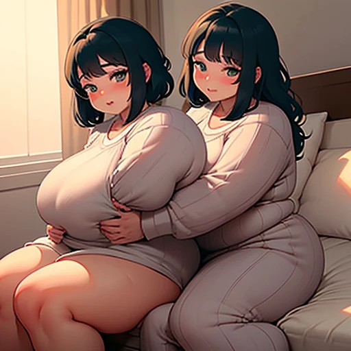 Your two headed massive fat wife conjoined to your fat daughter fully clothed with a modest pajama set on their shared two headed body and scratching her conjoined crotch in bed. Your daughter is clearly embarrassed and doesn’t want to be conjoined to your absolutely beautiful wife on such a massive two headed body. 