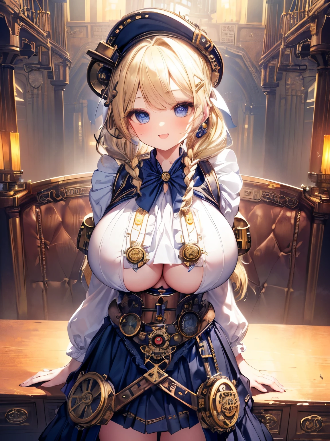 Masterpiece,Best Quality,(Super Detail),Perfect Lighting, Highly detailed CG,Super detailed,(Highly detailed eyes,Very cute face,Highly detailed face:1.3),Beautiful Anime Girl,(Solo Girl),(Super huge boobs:1.7),(Sensual,Glamorous:1.7),(Blonde,Shoulder-length medium hair,Twin braids,Let your hair hang forward:1.5),(Big light blue eyes),(Very happy smile,Open your mouth wide:1.3),break,(steampunk costume,White blouse,Navy tiered skirt:1.5),Steampunk Background,Steampunk City,Huge clock tower,Are standing,Dynamic Pose,Cowboy Shot