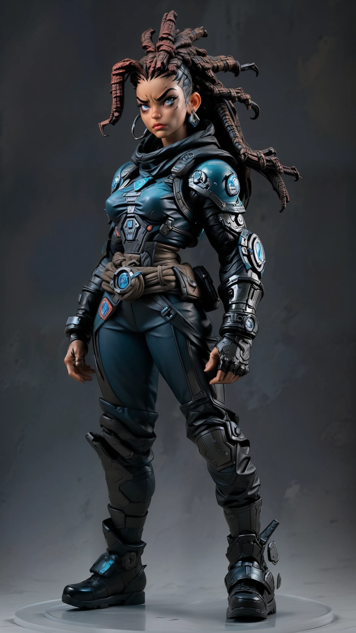 best quality, Ultra Detalhado, master part, 1 mulher negra de 18 anos, pele negra, Gears of War estilo Sci-Fi Fighter, Jogo de Gears of War, ((1 mulher negra de 18 anos, pele negra, cabelo dreadlock, rosto bonita, rosto bem desenhado, symmetrical face, detailed hands, well drawn hands, symmetric eyes, corpo esguio: 1.2, sci-fi soldier, usando armadura nsfw sci-fi, corpo esguio, corpo inteiro, peito pequeno)), dynamic pose, Pose de combate, motor ureal 5, 8k, drama ao vivo, apocalyptic cityscape, proporcional, symmetric, proportion Aurea, art-station, Velhaco, Dynamic Combat Pose