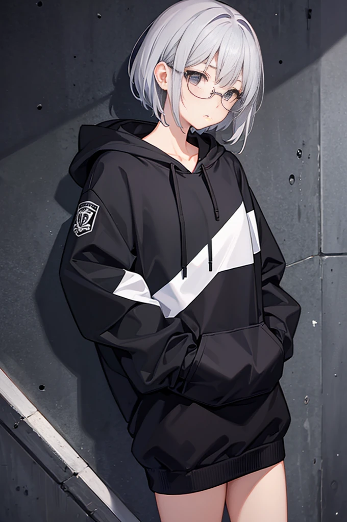 One Girl、cute、short、Silver Hair、Wear glasses、Looking down、Wear a black hoodie、Put your hands in your pockets