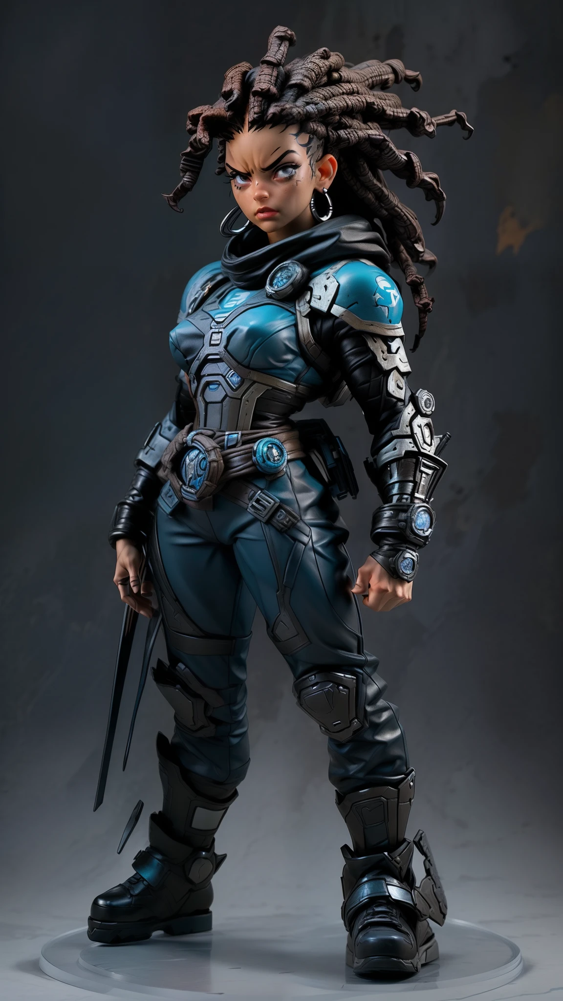 best quality, Ultra Detalhado, master part, 1 mulher negra de 18 anos, pele negra, Gears of War estilo Sci-Fi Fighter, Jogo de Gears of War, ((1 mulher negra de 18 anos, pele negra, cabelo dreadlock, rosto bonita, rosto bem desenhado, symmetrical face, detailed hands, well drawn hands, symmetric eyes, corpo esguio: 1.2, sci-fi soldier, usando armadura nsfw sci-fi, corpo esguio, corpo inteiro, peito pequeno)), dynamic pose, Pose de combate, motor ureal 5, 8k, drama ao vivo, apocalyptic cityscape, proporcional, symmetric, proportion Aurea, art-station, Velhaco, Dynamic Combat Pose