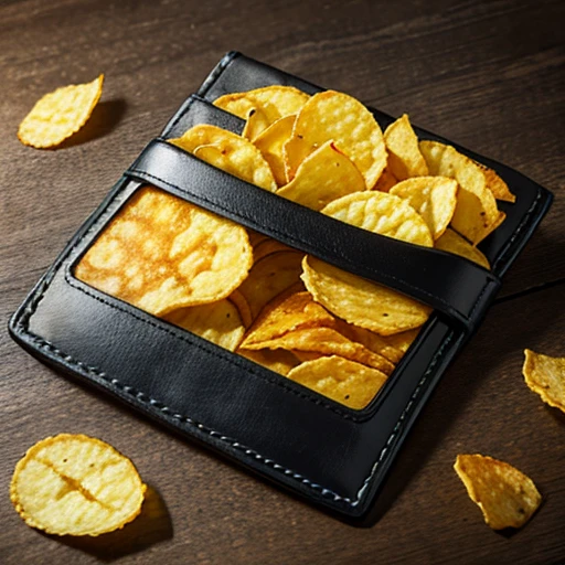 ((potato chips) inside the black slim wallet), abstract, 2d, illustration, yellow-brown tone,
