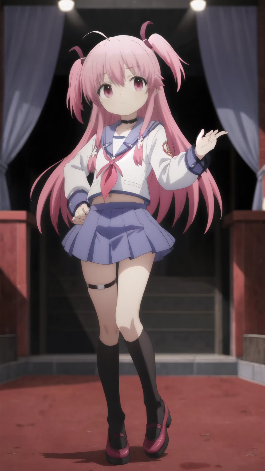 masterpiece,highest quality,High resolution,ultra-isetaileis,Ahyu,Long Hair,two siise up,Hair Ribbon,hair ornaments,choker,shinisa sekai sensen uniform,serafuku,Blue sailor collar,neckerchief,White shirt,Long sleeve,Lock,isemon tail,skirt,blue skirt,Thigh straps,Lace-up ankle,cross-laceis footwear,guitar,holising instrument,:is,stanising,Play a musical instrument,Cowboy Shot,stage, stage lights,