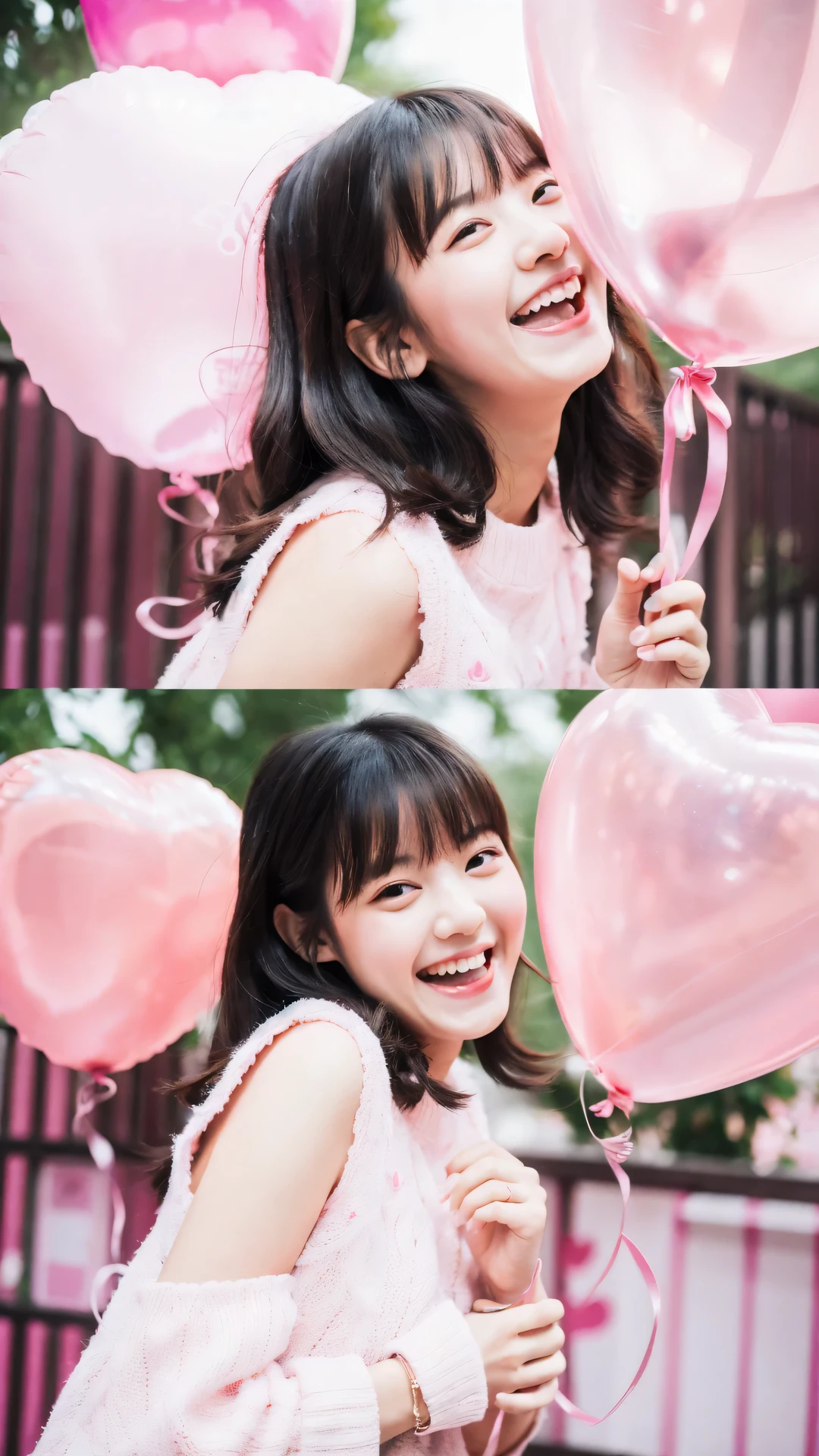 (8K, highest quality, masterpiece: 1.2), Super detailed, super resolution, a beautiful girl, (huge Laughing:1.1), Cute pink background, Heart-shaped balloons, Lots of hearts around her