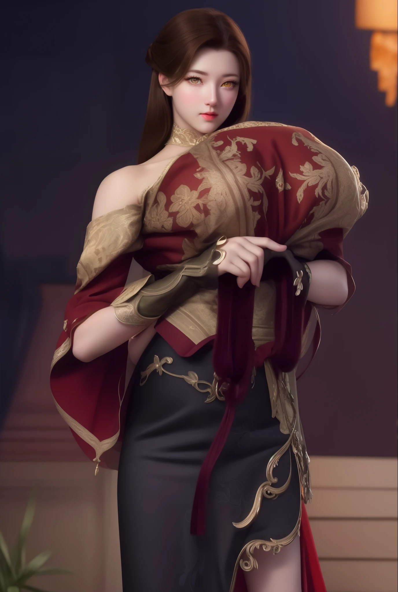 A woman in a red and gold dress holding a red and gold shawl - SeaArt AI