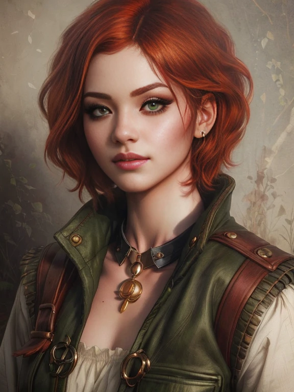 (masterpiece, top quality, best quality, official art, detailed:1.2), shaniW3, 1girl, solo, short hair, green eyes, lips, freckles, realistic, red hair   