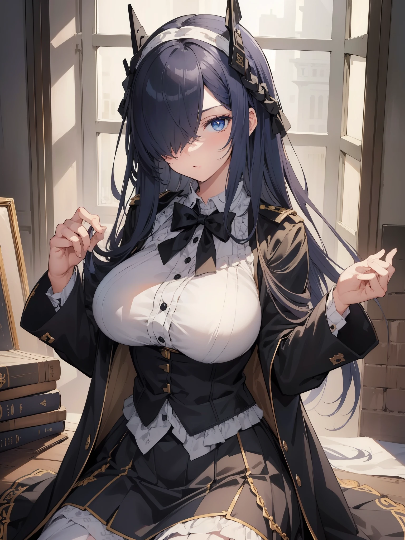 (best quality:1.3), (masterpiece:1.3), (illustration:1.3), (ultra-detailed:1.3), ((Best quality)), 1girl, ((black coat)), dark blue hair, dark blue eyes, large breasts, looking at viewer, expressionless, solo, tied hair, hair over one eye, long hair, indoors, voluptuous, tall, mature female, skirt, military uniform, head ornament, bow tie,