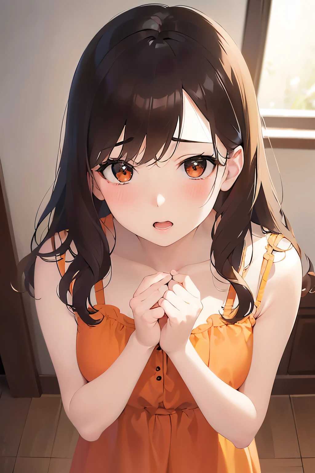 close up of your face、Placing hand on chest, looking up, Realistic, real person, (pale skin: 1.2), RAW photo, photorealistic, shiny skin, shiny hair, (bangs) 25-year-old woman with medium hair) and (wavy hair) and (brown hair) and (orange eyes) , (sundress:1.3) and (white:1.2) , (blush:1.3), open mouth, background is living room, alone, standing