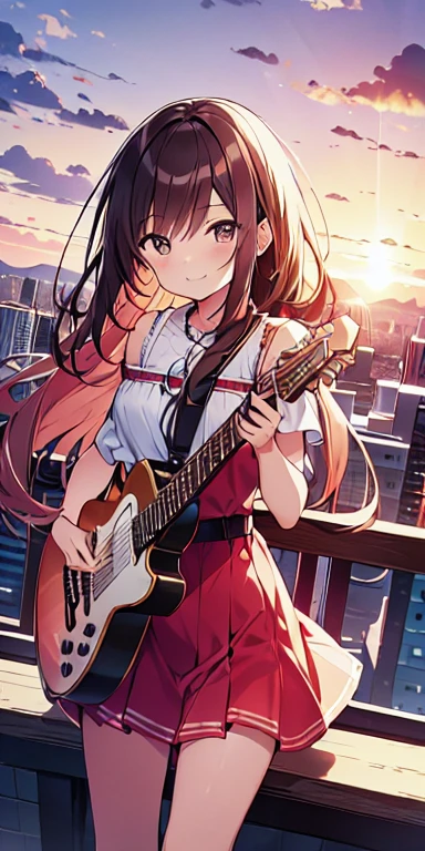 Tabletop, highest quality,shape, wallpaper, Super detailed, Absurd,A woman with short brown hair.Slightly chubby,The breasts are small,The butt is small,Brown eyes, alone, (play the guitar)、smile、Overlooking the city from the top of the hill、The sunset is beautiful、the wind is strong、(Various poses)Wearing a red mini skirt dress