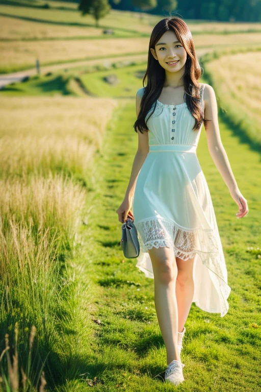 a beautiful japanese girl, 8k, super detail, best quality, masterpiece, (photorealistic:1.4), (Walking through the grassland), (Summer Dresses), (full body:1.5), (long hair), 1 girl, solo, first-person view