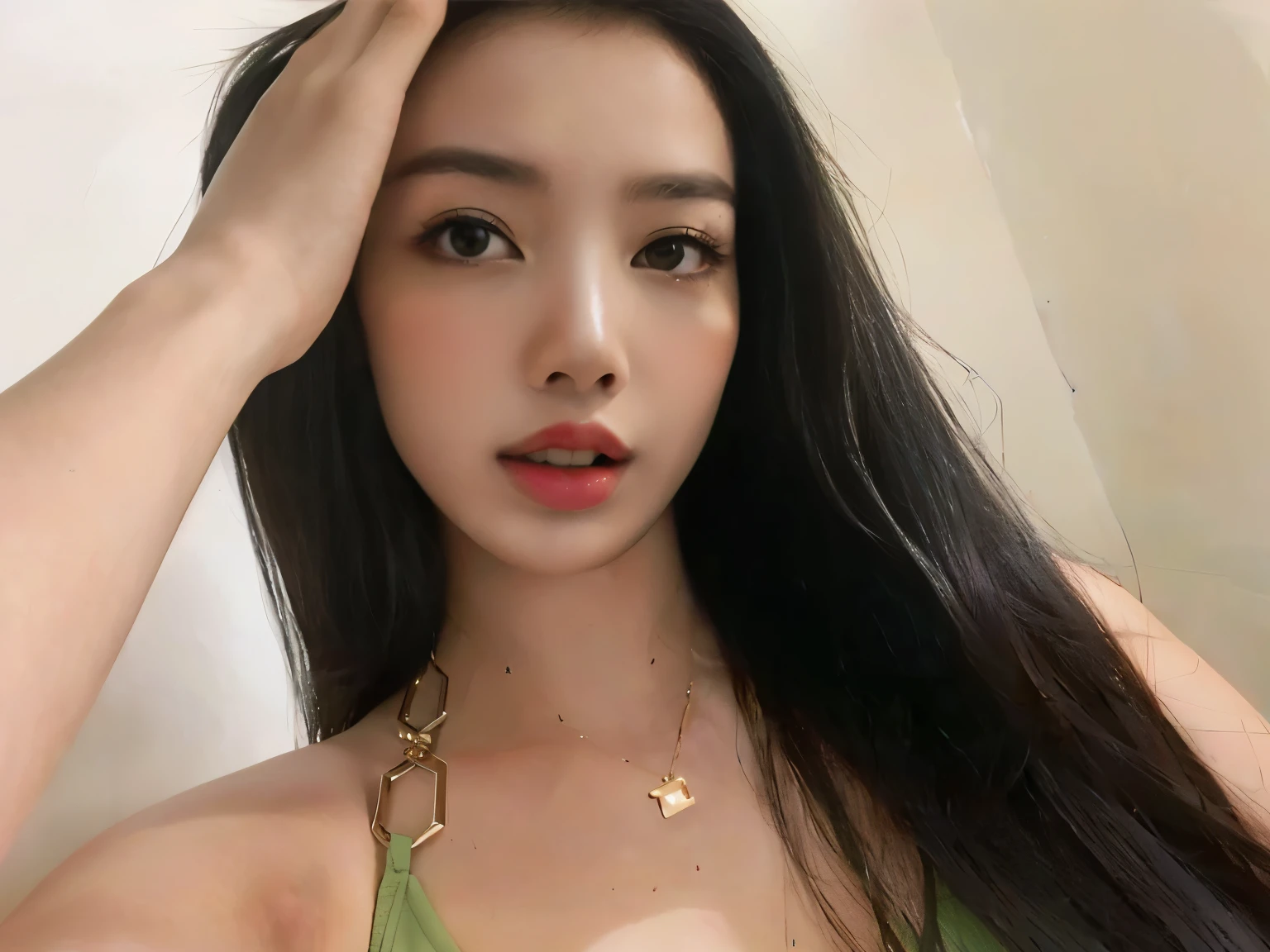 there is a woman with long black hair wearing a green top, 18 years old, bella poarch, asian girl, asian women, portrait sophie mudd, beautiful asian girl, asian female, belle delphine, 21 years old, 2 , half asian, 2 8 years oldwoman, basia tran, 2 7 years old