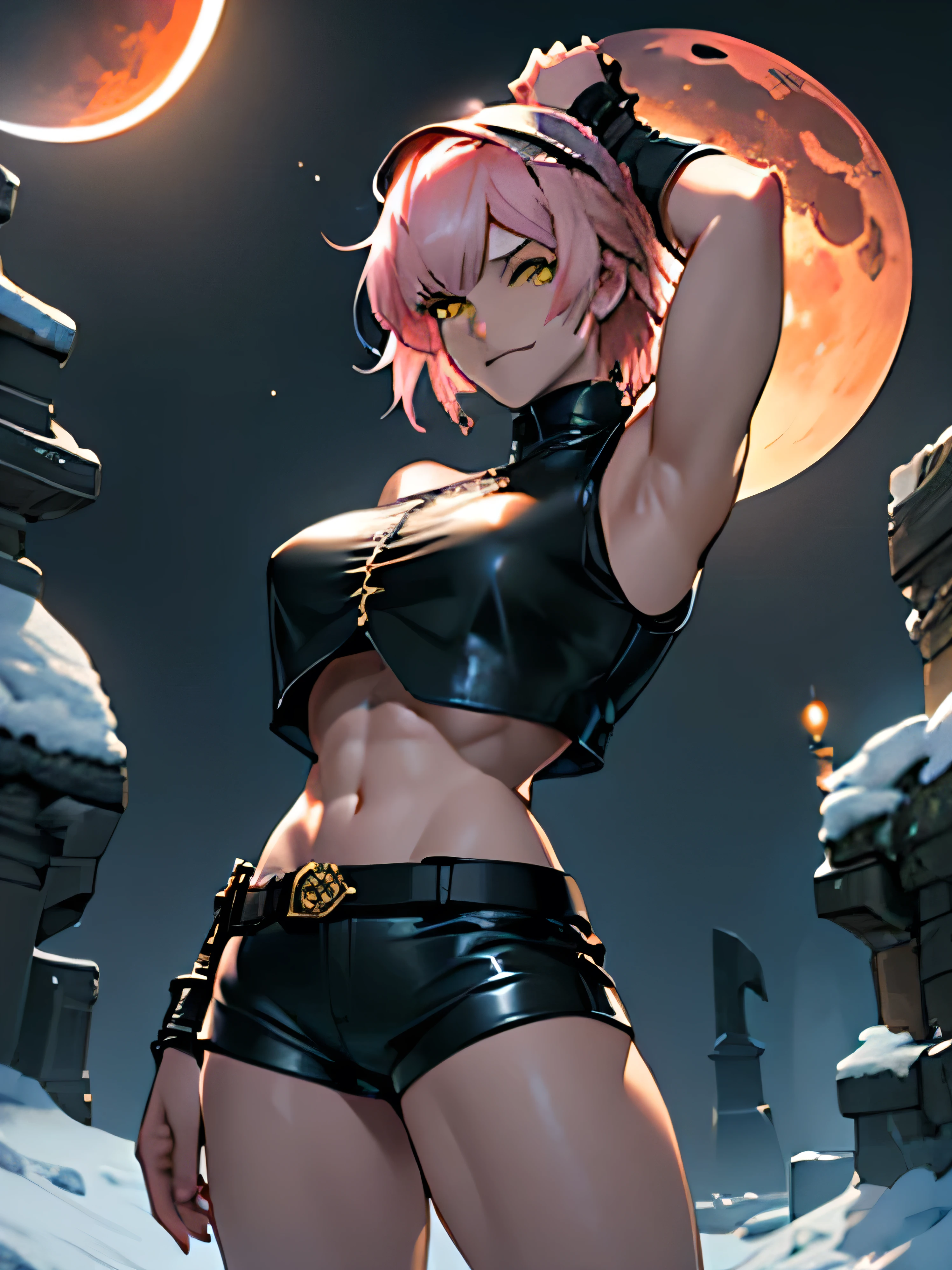 (Super detailed:1.3), ((((best quality)))), ((masterpiece)), female focus, solo,hotify, stunning beauty,powerful glow,detailed face((light pink hair)),short hair,shaggy hair,messy bangs, long bangs,unkempt hair,caucasian,pale skin:1.3,highly detailed eyes,high fantasy outfit,(((tight black leather top))),(((midriff))),short shorts,((yellow eyes)),big breasts,cleavage,soulcalibur 5 artstyle,((night time background)),((snowy backgroud)),((lunar eclipse)), cocky smirk,wearing green bandana on head,2 arms,short woman,fit woman