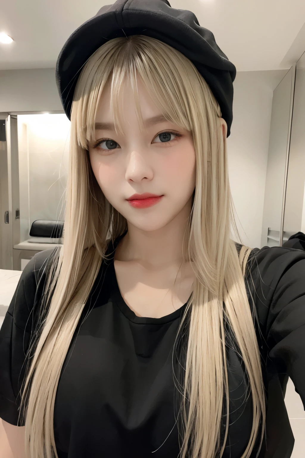 Black clothes、casual、Blonde、With bangs、Wearing a bob hair cap