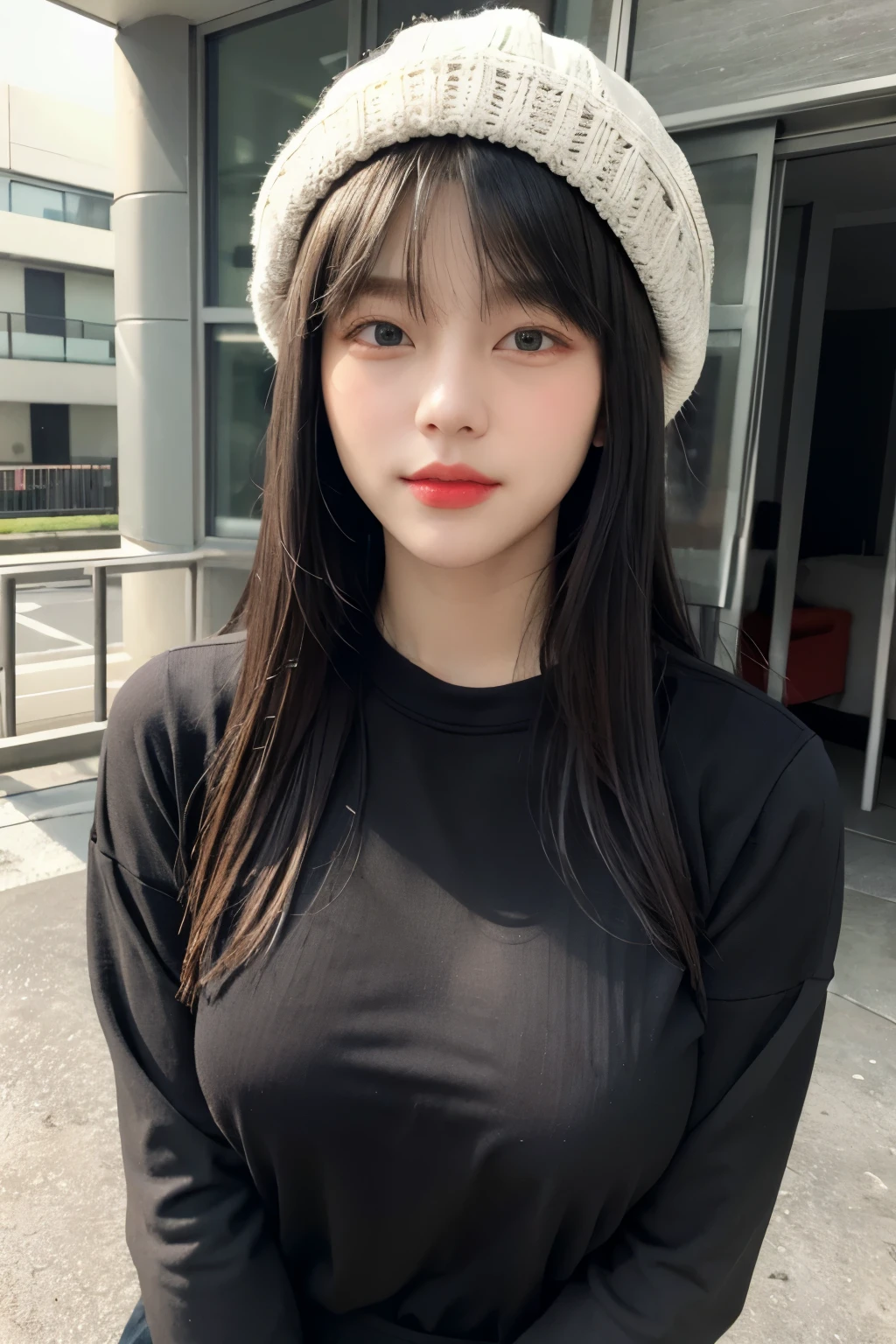 Black clothes、casual、Blonde、With bangs、Wearing a bob hair cap