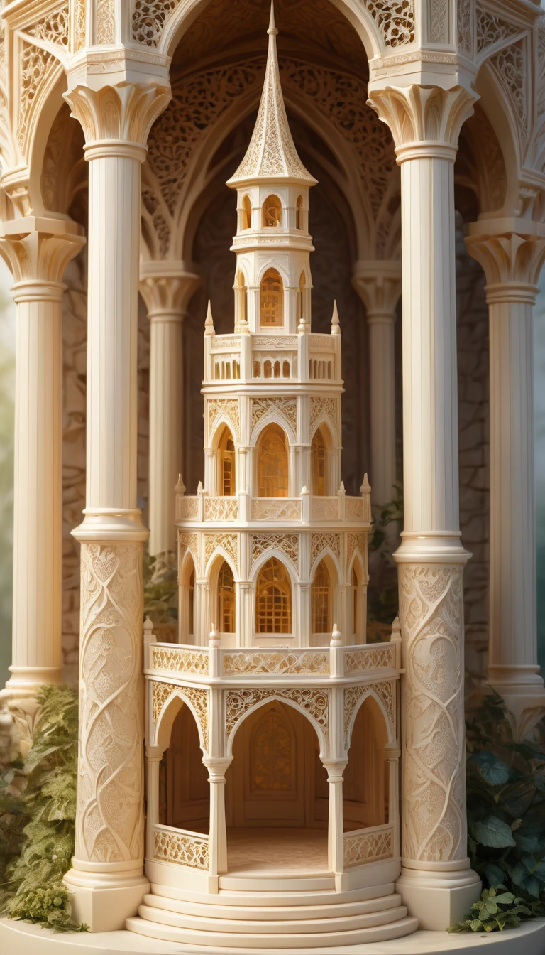 Carving a hollow exquisite tower on ivory, (a beautifully carved),(detailed with delicate filigree designs, exquisite craftsmanship),(best quality, highres),(realistic lighting and shadows, soft diffused light),(vivid colors, warm tones),(fine textures),(detailed carvings and patterns),(an ethereal and dreamlike atmosphere),(a sense of history and elegance),(subtle hints of gold accents),(a whimsical and enchanting scene),(a feeling of tranquility and serenity),(an air of mystery and intrigue),(0.9) noise texture effect