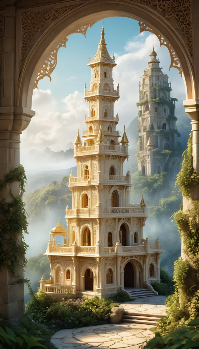 Carving a hollow exquisite tower on ivory, (a beautifully carved),(detailed with delicate filigree designs, exquisite craftsmanship),(best quality, highres),(realistic lighting and shadows, soft diffused light),(vivid colors, warm tones),(fine textures),(detailed carvings and patterns),(an ethereal and dreamlike atmosphere),(a sense of history and elegance),(subtle hints of gold accents),(a whimsical and enchanting scene),(a feeling of tranquility and serenity),(an air of mystery and intrigue),(0.9) noise texture effect