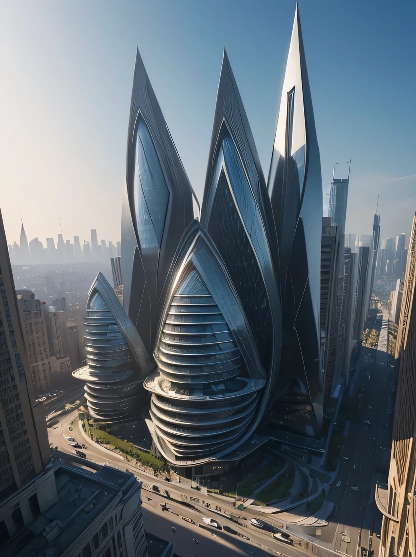 ((Masterpiece, top quality, highly detailed, high resolution, photorealistic, sharp focus, cinematic lighting)), high contrast, natural colors, one building, a beautiful building in the center of the image, designed by Zaha Hadid Futuristic city skyscrapers, futuristic buildings, walkways around buildings, imaginary world, fusion of future and past, hanging gardens of Babylon, future technology, architectural creativity, new culture, self-sufficiency, golden ratio, wide angle Photography, EdobSyFyCityLandscape