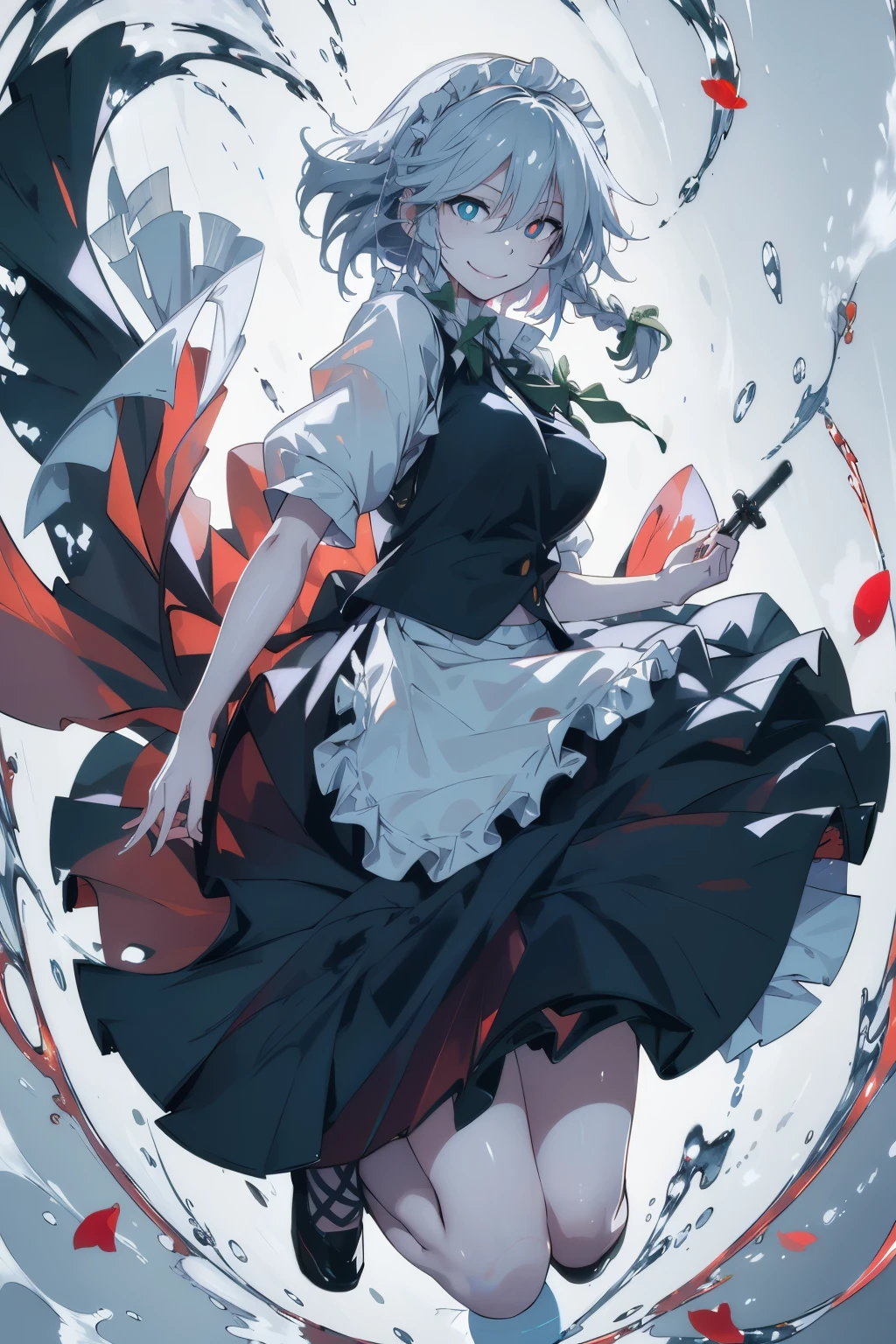 masterpiece, best quality, illustration, 1girl, solo, Izayoi Sakuya, (white short hair), maid headband, sharp eyes, (vivid color), light, thick smoke:1.6, (floating white ink:1.8), Cyan flame, (beautiful and clear background:1.25), (depth of field:0.7), Dreamlike, (highres:1.2), (ultra-detailed:1.2), (extremely detailed CG unity 8k wallpaper:1.2), (traditional media), (sketch:1.1), finely detailed beautiful eyes and detailed face, Knives, (flying petals:1.2), (evil smile:1.5), (empty eyes, simple eyes, glowing red pupils:1.5), (elect nipples:1.2), (skirt lift by myself:1.3), Knifefight, dynamic colors, colorful, dynamic pose, dynamic angle, (full body:1.5), Touhou, izayoi sakuya, medium breasts, (detailed eyes), cute, beauty, HDR, 4K, nier anime style, harmony, izayoi sakuya