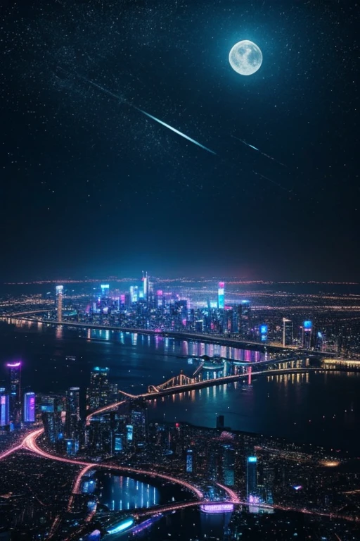 highest quality、Futuristic City、neon、Beautiful night view、colorful、Starry Sky、moon