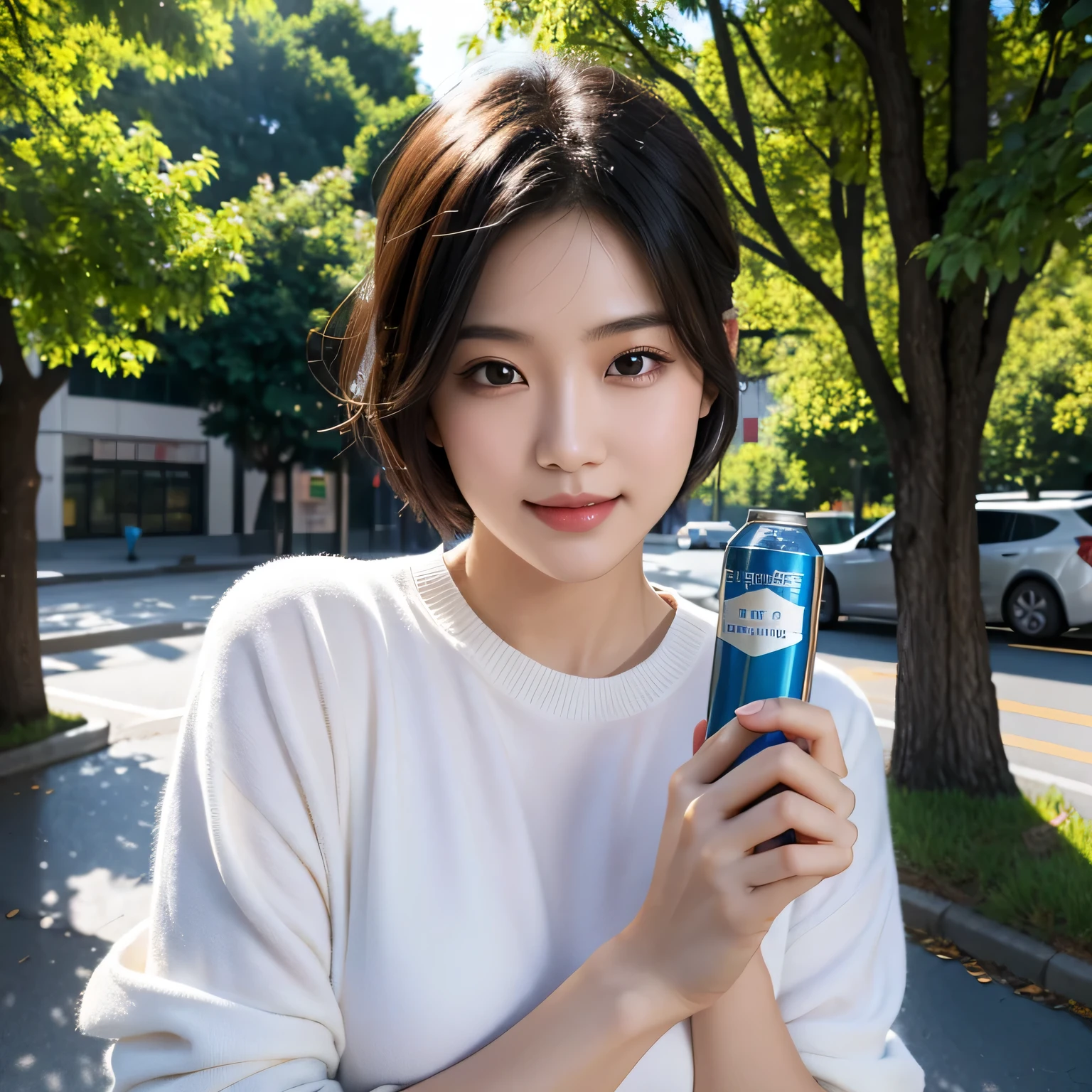 Asian Girls，Half-length photo，Holding a bottle of toner in hand，Slim and perfect fingers，highest quality, Ultra-high resolution, (Realistic: 1.4), (highest quality, masterpiece:1.3, Ultra-high resolution), (Very detailed, Caustics, 8k), (Realistic:1.4, RAW shooting), (Smiling and looking at the camera),  Large target, Half-length photo, street, Face Focus, Natural light, Backlight, lens flare, Professional Writing, beautiful Eyes, Super beautiful, Very short hair, beautiful, beautiful Soldier, Attract the audience&#39;s eyes, Mistress&#39;s Point of View, Attractive look, Sexy smile, Perfect style, Perfect balance, Delicate skin, mischievous glance, 