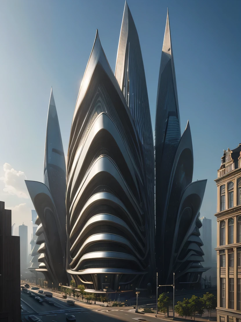 ((Masterpiece, top quality, highly detailed, high resolution, photorealistic, sharp focus, cinematic lighting)), high contrast, natural colors, one building, a beautiful building in the center of the image, designed by Zaha Hadid Futuristic city skyscrapers, futuristic buildings, walkways around buildings, imaginary world, fusion of future and past, hanging gardens of Babylon, future technology, architectural creativity, new culture, self-sufficiency, golden ratio, wide angle Photography, midday sunlight, clear air, EdobSyFyCityLandscape