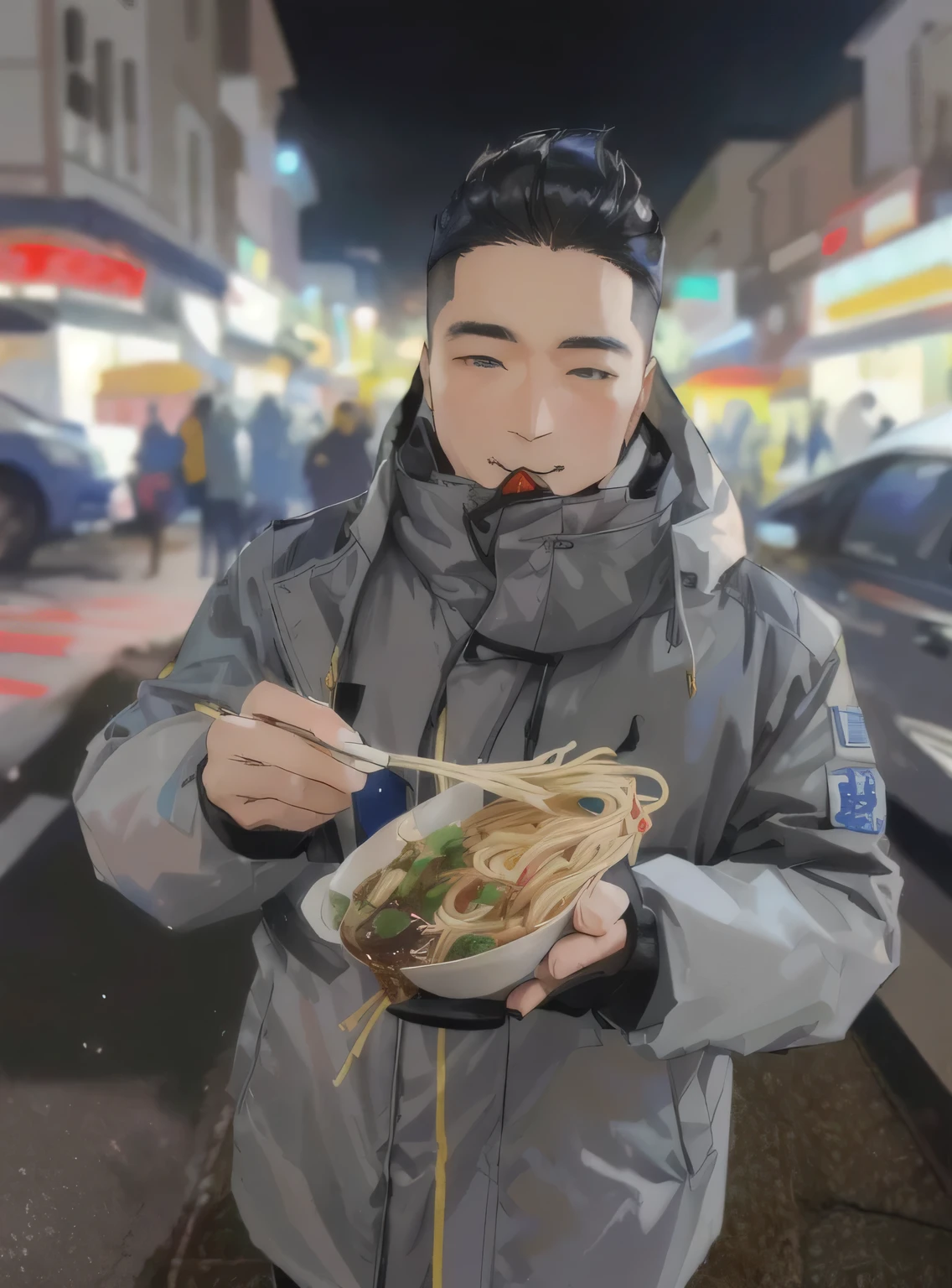 araffe man in a gray jacket eat food on a stick, eat noodles, There are small street food stalls, eat ramen, eat broadcast, author:Read the Master, eat, Shin Jung-ho, Korean male, Korean Artist, Photo taken in 2 0 2 0, emphasize, 好eat, Filmed in the early 2020s, Hold Hopesh