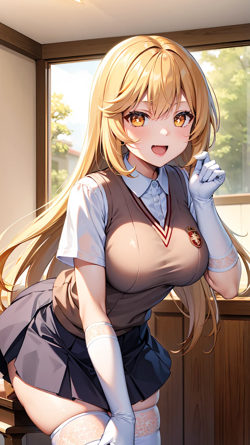 masterpiece, best quality, highres, hmmisaki, long hair, symbol-shaped pupils, +_+, large breasts, tokiwadai , sweater vest, short sleeves, white gloves, elbow gloves, pleated skirt, white thighhighs, smile, open mouth, leaning forward, indoors