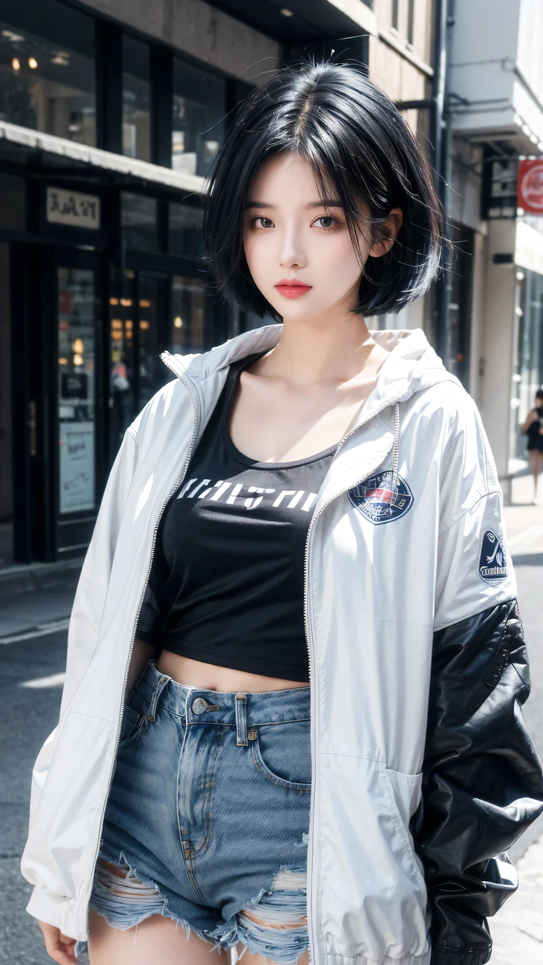 best quality, 1 Girl, dark blue hair, black eyes, Very short hair, Spiky hair, t-shirt, white jacket , High waist jeans, 171 cm, Messy hair, Hair between the eyes, Medium breasts, full, Tomboy, aldult, 20 years old, 1 Girl