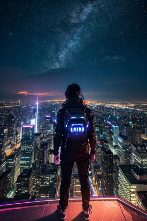 highest quality、Futuristic City、neon、Beautiful night view、colorful、Starry Sky、moon