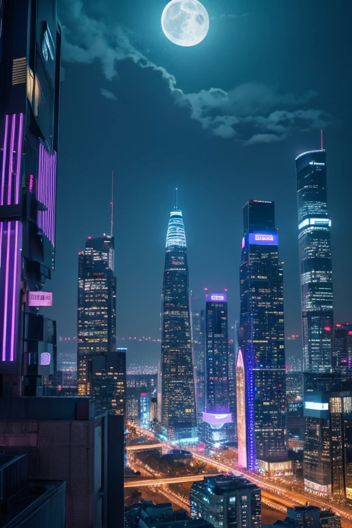 highest quality、Futuristic City、neon、Beautiful night view、colorful、Starry Sky、moon