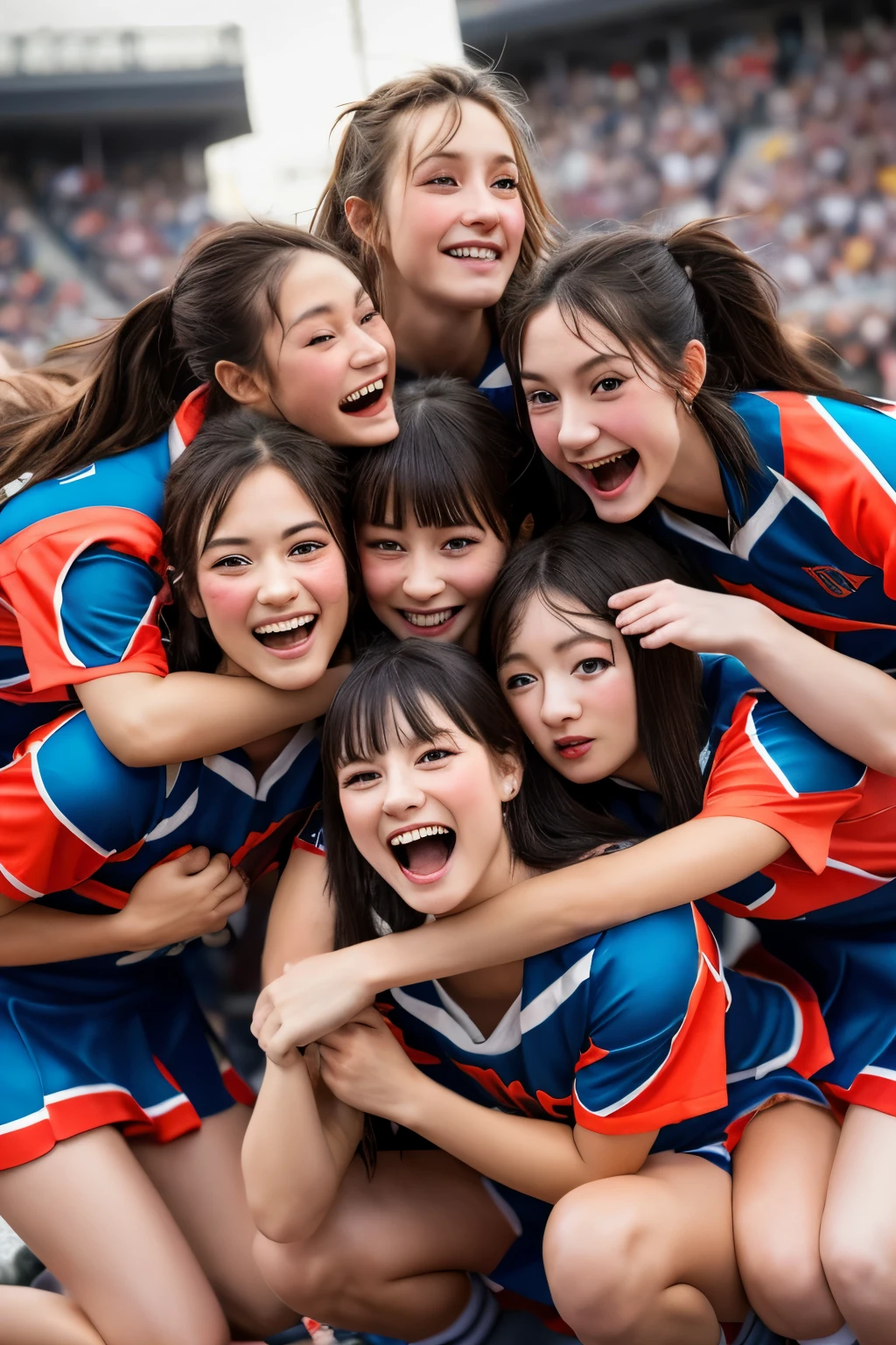 highest quality, masterpiece, Detailed skin texture, Detailed cloth texture, Detailed face, Super Detail, 8K, Intricate details, a cute girl carrying 20 cute girls on her shoulders, crouching down, cheerleading, whole bodies, pile on, pile up, human tower, more girls wanting to ride
