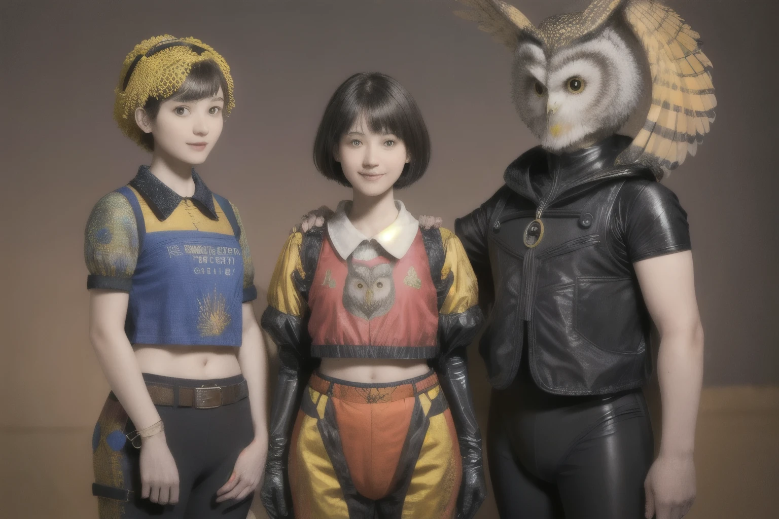 224 Short Hair, 20-year-old woman, A kind smile, (There are also colorful owls), (Rembrandt-style painting), ((machinery suit,Clothes with short sleeves)),I can see your abs