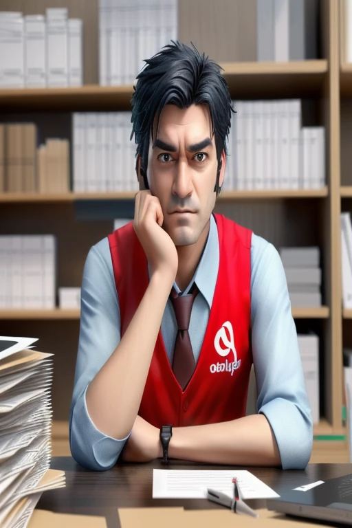 arafed man sitting at a desk with a stack of papers, promotional render, pouty look :: octane render, cg render, semi - realistic render, 3 d character render, cg artist, official illustration, maxwell render, best on adobe stock, photo render, fanart, 8k portrait render, 4 k octan render, cg rendering