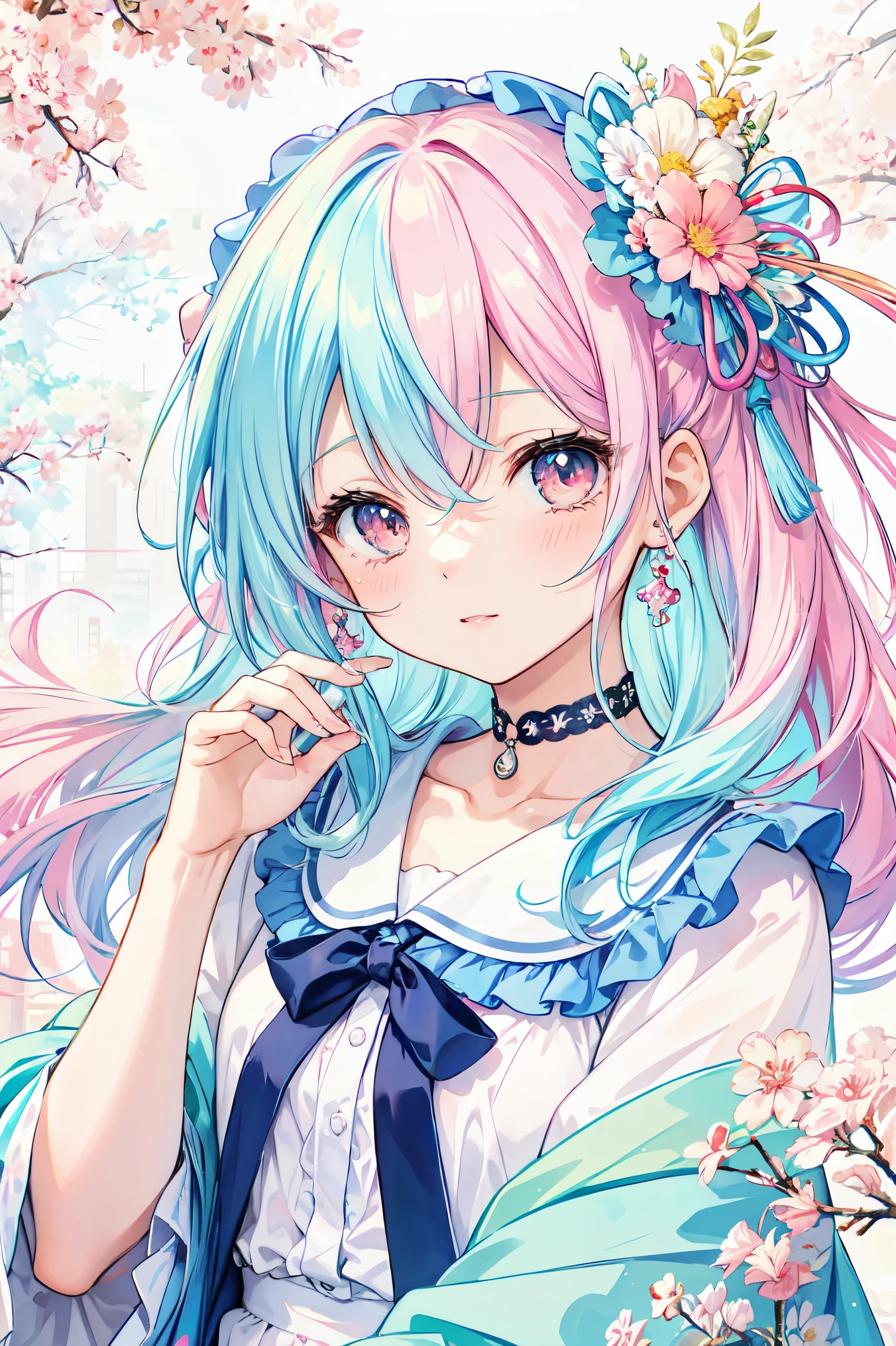 Yumekawa, dreamy cute, shopping, city, Harajuku, (masterpiece, highest quality, highest quality, watercolor (middle), Official Art, beautifully、aesthetic: 1.2), (2 girls: 1.3), (Fractal Art: 1.3), Upper Body, kiss, Lesbian, Lolita Fashion, Lolita Viewer Watch, pattern, break, (pastel hair: 1.2), break, Soap bubble, Rainbow behind, cloud, colorful, Soap bubble, Spread throughout, cute, pastel,