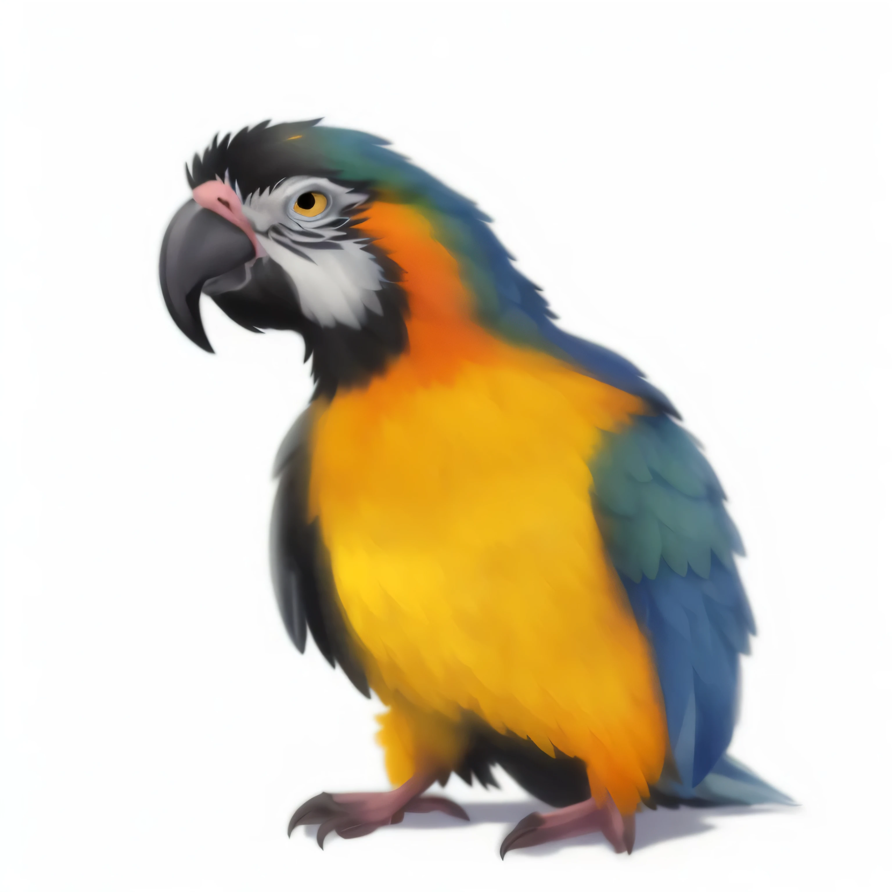 Parrot sitting on a perch with a white background, kawaii , Parrot, Blue Alara, cartoonish look, parallel lines, Pet Bird, Pride and arrogance, Parrot, Colorful bird, Blue and animals, Parrot on head, Bob, with a Parrot on his shoulder, with a big Parrot, tropical birds, yellow beak, On a clear background