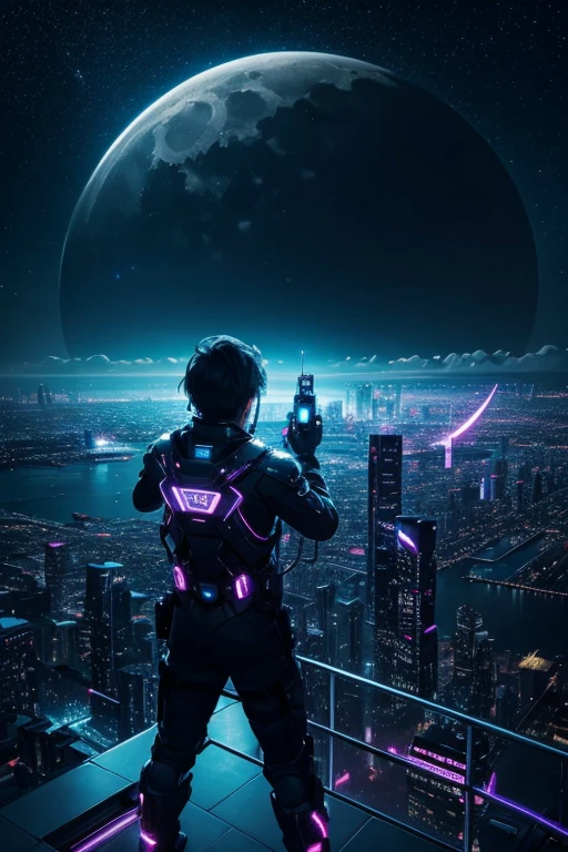 highest quality、Futuristic City、neon、Beautiful night view、colorful、Starry Sky、moon