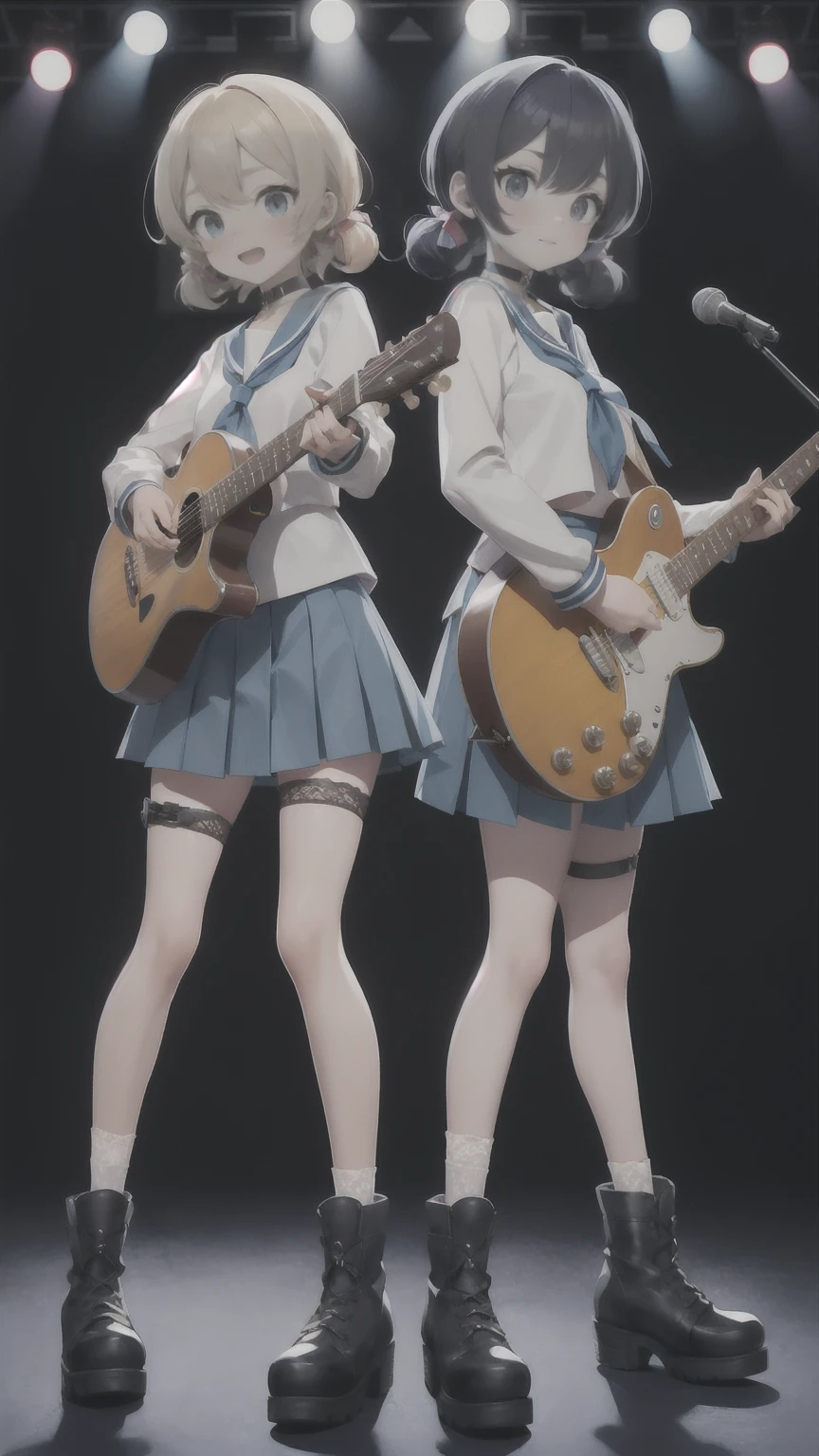masterpiece,highest quality,High resolution,ultra-isetaileis,Ahyu,Long Hair,two siise up,Hair Ribbon,hair ornaments,choker,shinisa sekai sensen uniform,serafuku,Blue sailor collar,neckerchief,White shirt,Long sleeve,Lock,isemon tail,skirt,blue skirt,Thigh straps,Lace-up ankle,cross-laceis footwear,guitar,holising instrument,:is,stanising,Play a musical instrument,Cowboy Shot,stage, stage lights,2girls,
