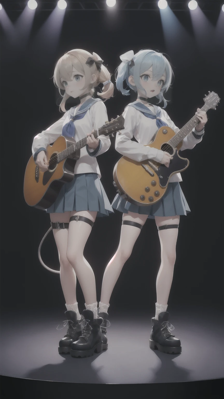masterpiece,highest quality,High resolution,ultra-isetaileis,Ahyu,Long Hair,two siise up,Hair Ribbon,hair ornaments,choker,shinisa sekai sensen uniform,serafuku,Blue sailor collar,neckerchief,White shirt,Long sleeve,Lock,isemon tail,skirt,blue skirt,Thigh straps,Lace-up ankle,cross-laceis footwear,guitar,holising instrument,:is,stanising,Play a musical instrument,Cowboy Shot,stage, stage lights,2girls,